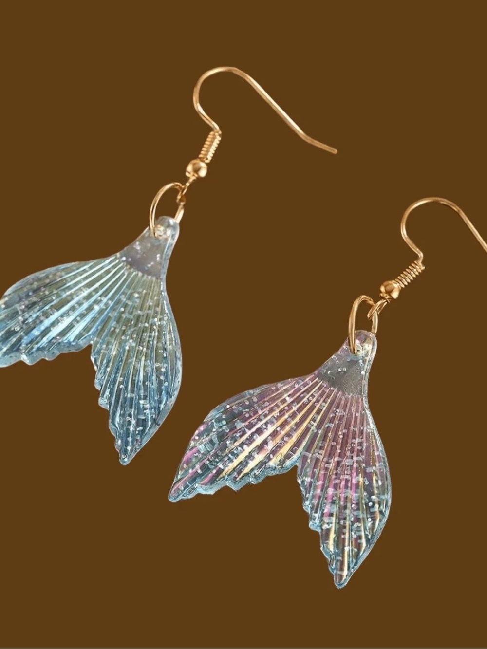 Gold Hook Iridescent Mermaid Tail Earrings in Pink & Blue - Picture 7 of 7